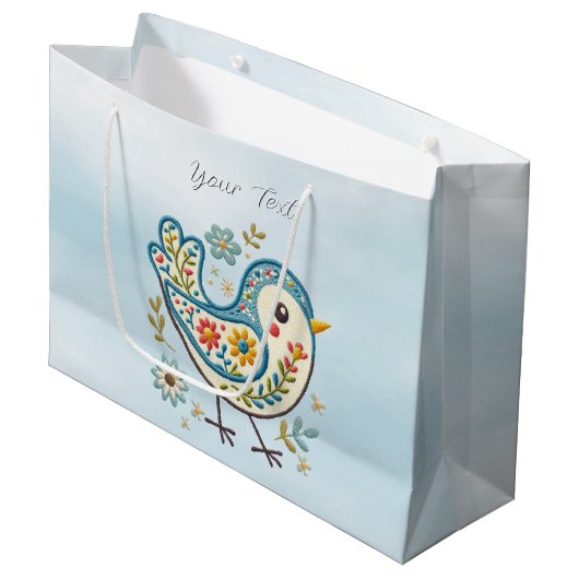 Blauwe Vogel Bloemen Gift Bag Groot Cadeauzakje (Voorkant Gekanteld)