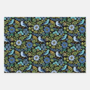 Blauwe Vogel Bloemen op Zwart Inpakpapier Vel