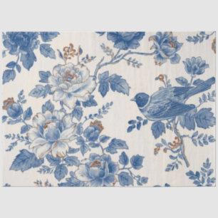 Blauwe Vogel Crème Witte Bloemen Decoupage Tissuepapier