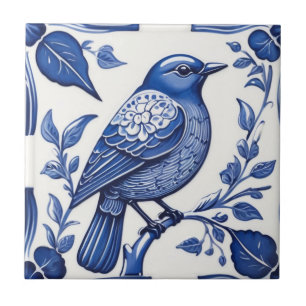 Blauwe Vogel Delfts Blauw & Wit Aziatische Bloemen Tegeltje