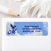 Blauwe Vogel Elegant Monogram Initiaal M Retouradr Etiket (Insitu)