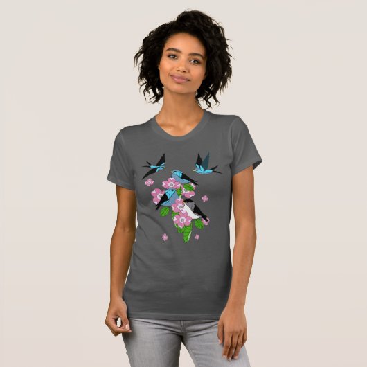 Blauwe vogel en hondenbloemen/bloemen t-shirt (Voorkant volledig)