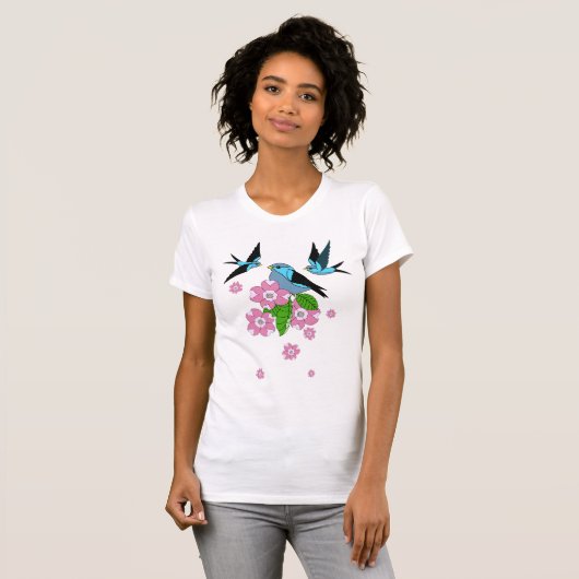 Blauwe vogel en hondenbloemen - folkkunst - ontwer t-shirt (Voorkant volledig)