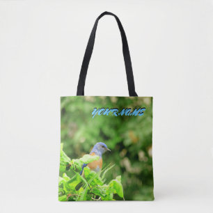 Blauwe vogel en jouw naam tote bag