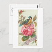 blauwe vogel en roze bloem op zaterdag briefkaart (Voorkant / Achterkant)