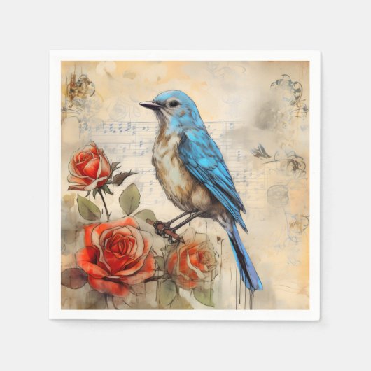 Blauwe vogel en Rozen 1 Servet (Voorkant)