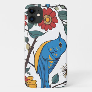 Blauwe Vogel en Wildflower Folk Art iPhone 11 Hoesje