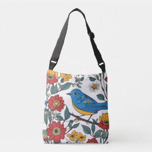 Blauwe Vogel en Wildflower Folk Art Crossbody Tas