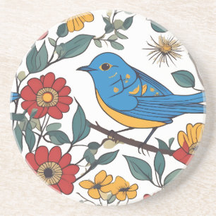 Blauwe Vogel en Wildflower Folk Art Zandsteen Onderzetter