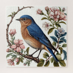 Blauwe Vogel Geperst Tussen Bloeiende Bloemen Legpuzzel