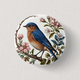 Blauwe Vogel Gezeten Tussen Bloeiende Bloemen Ronde Button 3,2 Cm
