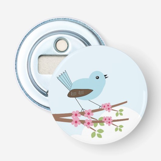 Blauwe vogel in de Blossom-boom Button Flesopener (Voorkant)