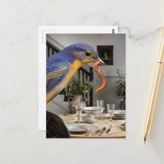 Blauwe Vogel in de Eetkamer Surrealistische Collag Briefkaart