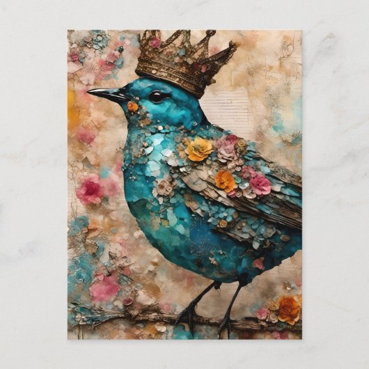 Blauwe vogel in een kroon briefkaart (Voorkant)