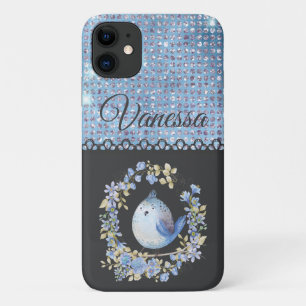 Blauwe vogel in florale dikke iPhone/iPad-draagtas iPhone 11 Hoesje