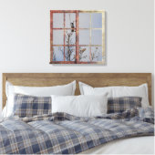 Blauwe vogel in venster canvas afdruk (Insitu (Slaapkamer))