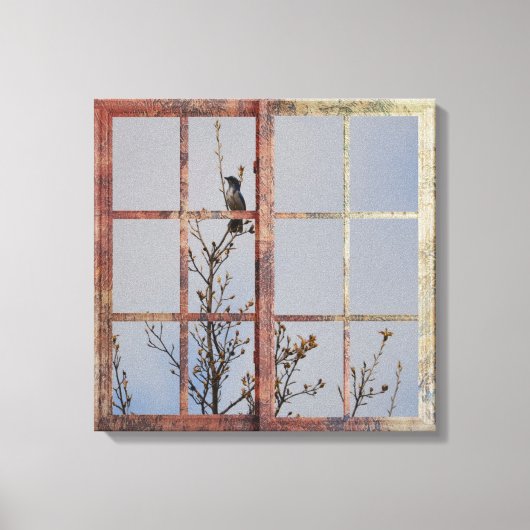 Blauwe vogel in venster canvas afdruk (Voorkant)