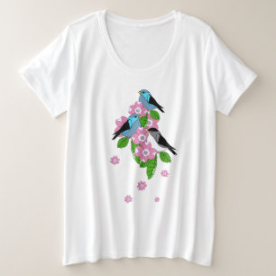 Blauwe vogel, lente volksbloemen, voor en achter grote maat t-shirt