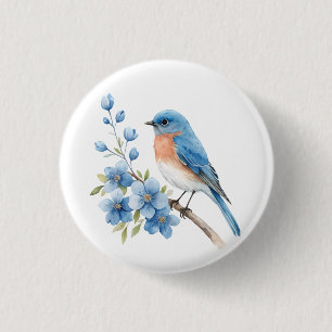 Blauwe vogel met blauwe bloemen ronde button 3,2 cm