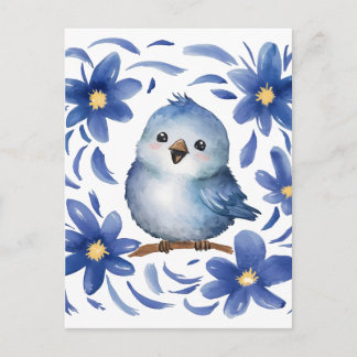 Blauwe Vogel met bloemen Briefkaart