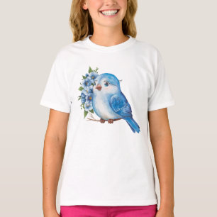 Blauwe vogel met bloemen t-shirt
