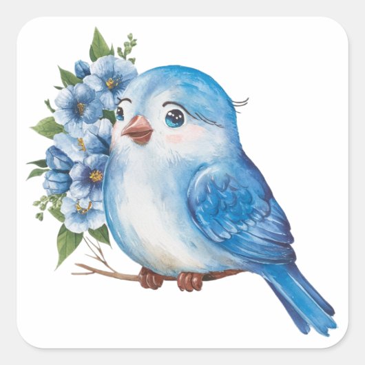 Blauwe vogel met bloemen vierkante sticker (Voorkant)