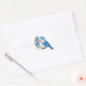 Blauwe vogel met bloemen vierkante sticker (Envelop)
