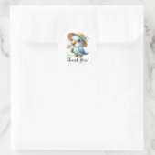 Blauwe Vogel met Pet en Bloem Dank U Ronde Sticker (Tas)