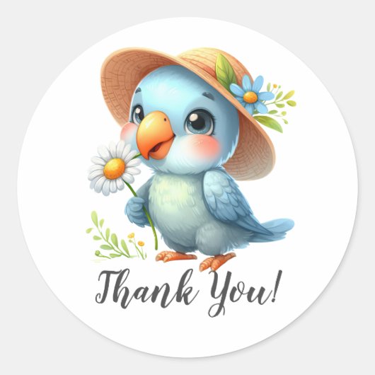 Blauwe Vogel met Pet en Bloem Dank U Ronde Sticker (Voorkant)