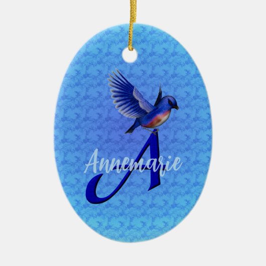 Blauwe Vogel Monogram Eerste Letter A Persoonlijk Keramisch Ornament (Voorkant)