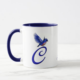 Blauwe Vogel Monogram Eerste Letter C Elegant Pers Mok