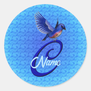 Blauwe Vogel Monogram Eerste Letter C Elegant Pers Ronde Sticker