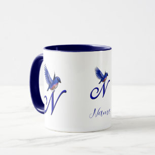 Blauwe Vogel Monogram Eerste Letter N Elegant Pers Mok