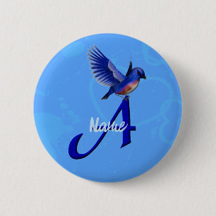 Blauwe Vogel Monogram Initiaal A Persoonlijk Ronde Button 5,7 Cm