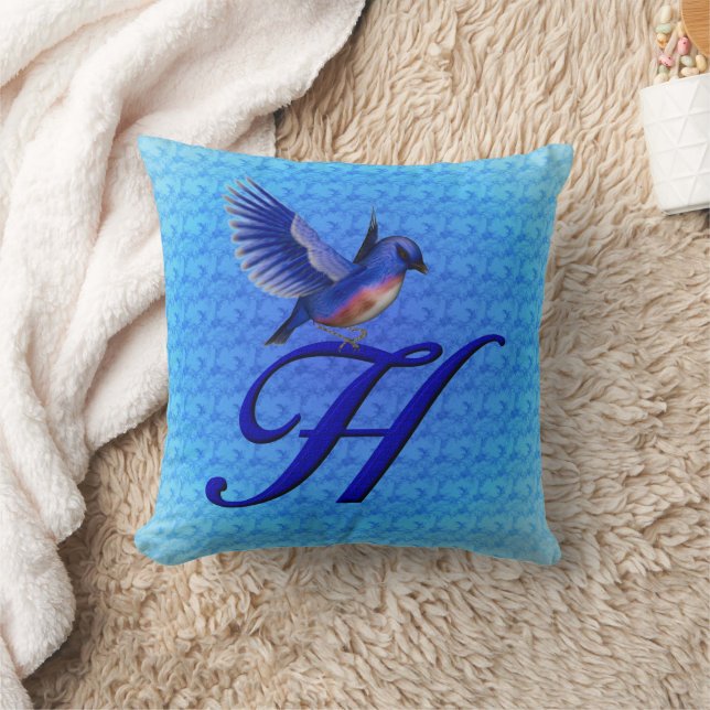 Blauwe Vogel Monogram Initiaal H Kussen (Deken)