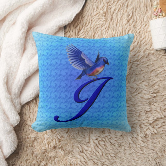 Blauwe Vogel Monogram Initiaal J Kussen (Deken)
