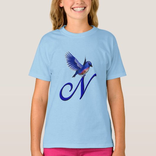 Blauwe Vogel Monogram Initiaal N Elegant  T-shirt (Voorkant)