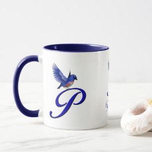 Blauwe Vogel Monogram Initiaal P Elegant Persoonli Mok