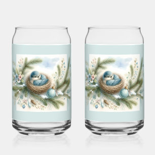 Blauwe Vogel Nest met Ornamenten in Winterdennen Blikvorm Glas