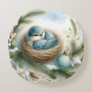 Blauwe Vogel Nest met Ornamenten in Winterdennen Rond Kussen