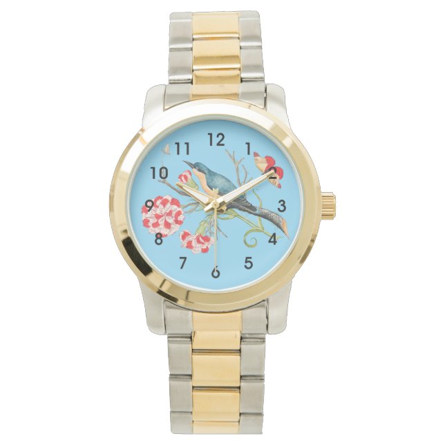 Blauwe vogel op anjers, vintage illustratie, horloge (Voorkant)