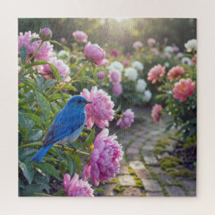Blauwe Vogel Op Een Roze Pioen Legpuzzel