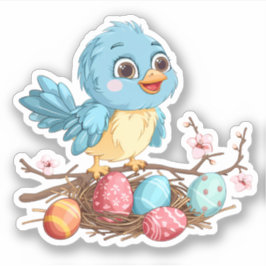 Blauwe vogel op een tak met paaseieren sticker