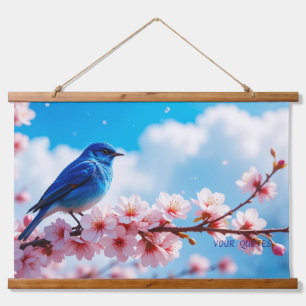 Blauwe Vogel op Tak van Kersenbloesem Hangend Wandkleed