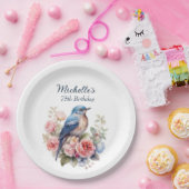 Blauwe Vogel Roze Bloemen 75e Verjaardag Papieren Bordje (Feest)