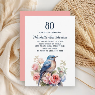 Blauwe Vogel Roze Bloemen 80ste Verjaardag Kaart
