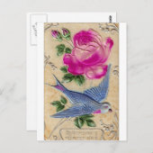 Blauwe Vogel Roze Roos Briefkaart (Voorkant / Achterkant)