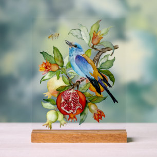 Blauwe Vogel Tussen Granaatappels Waterverf Botani Acryl Bord