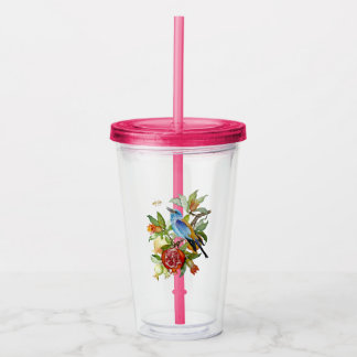 Blauwe Vogel Tussen Granaatappels Waterverf Botani Acryl Drinkbeker