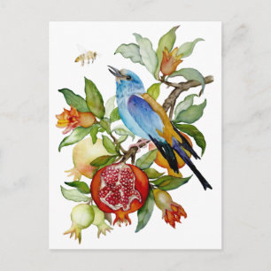 Blauwe Vogel Tussen Granaatappels Waterverf Botani Briefkaart